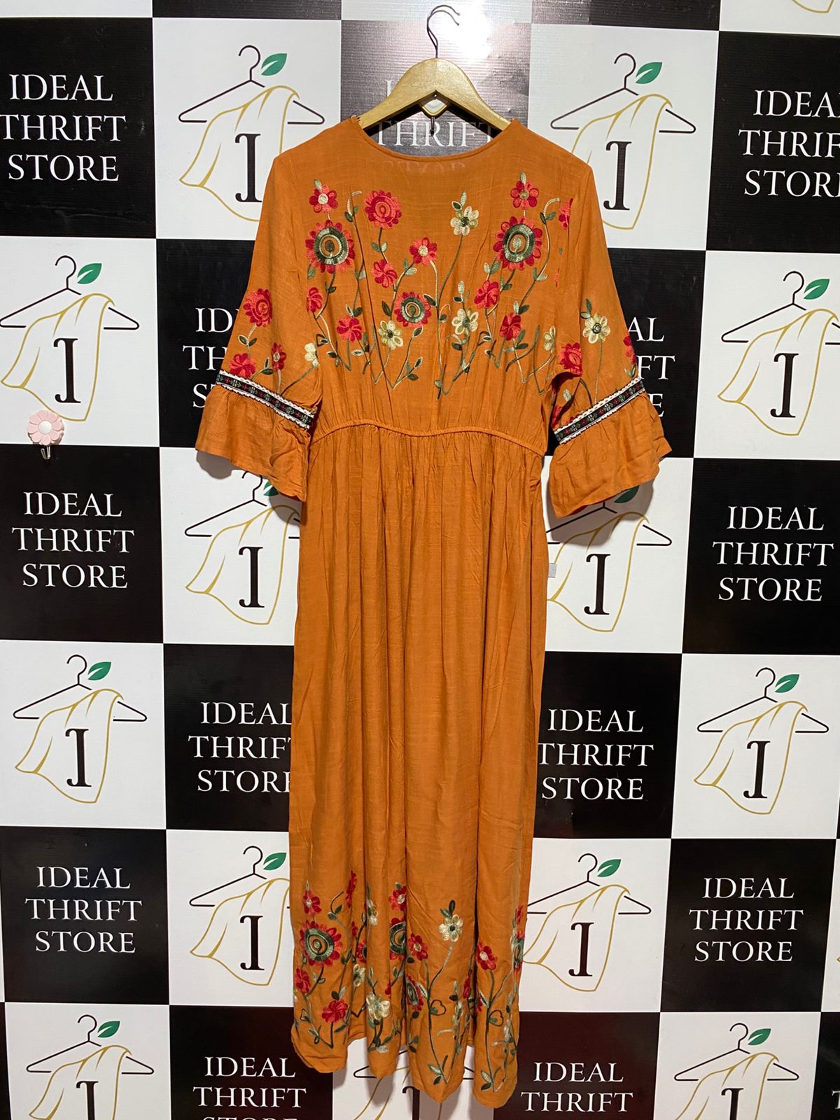 |L| BUST 19| B22| BOHEMIAN MUSTARD ORANGE EMBROIDERED LONG MAXI DRESS WITH BELL SLEEVES
