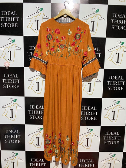|L| BUST 19| B22| BOHEMIAN MUSTARD ORANGE EMBROIDERED LONG MAXI DRESS WITH BELL SLEEVES