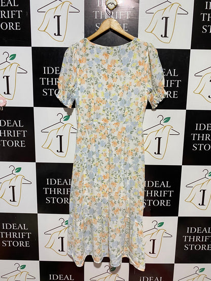 TOKITO |M| BUST 18| B22| SOFT FLORAL PRINT V-NECK MIDI DRESS WITH PUFF SLEEVES