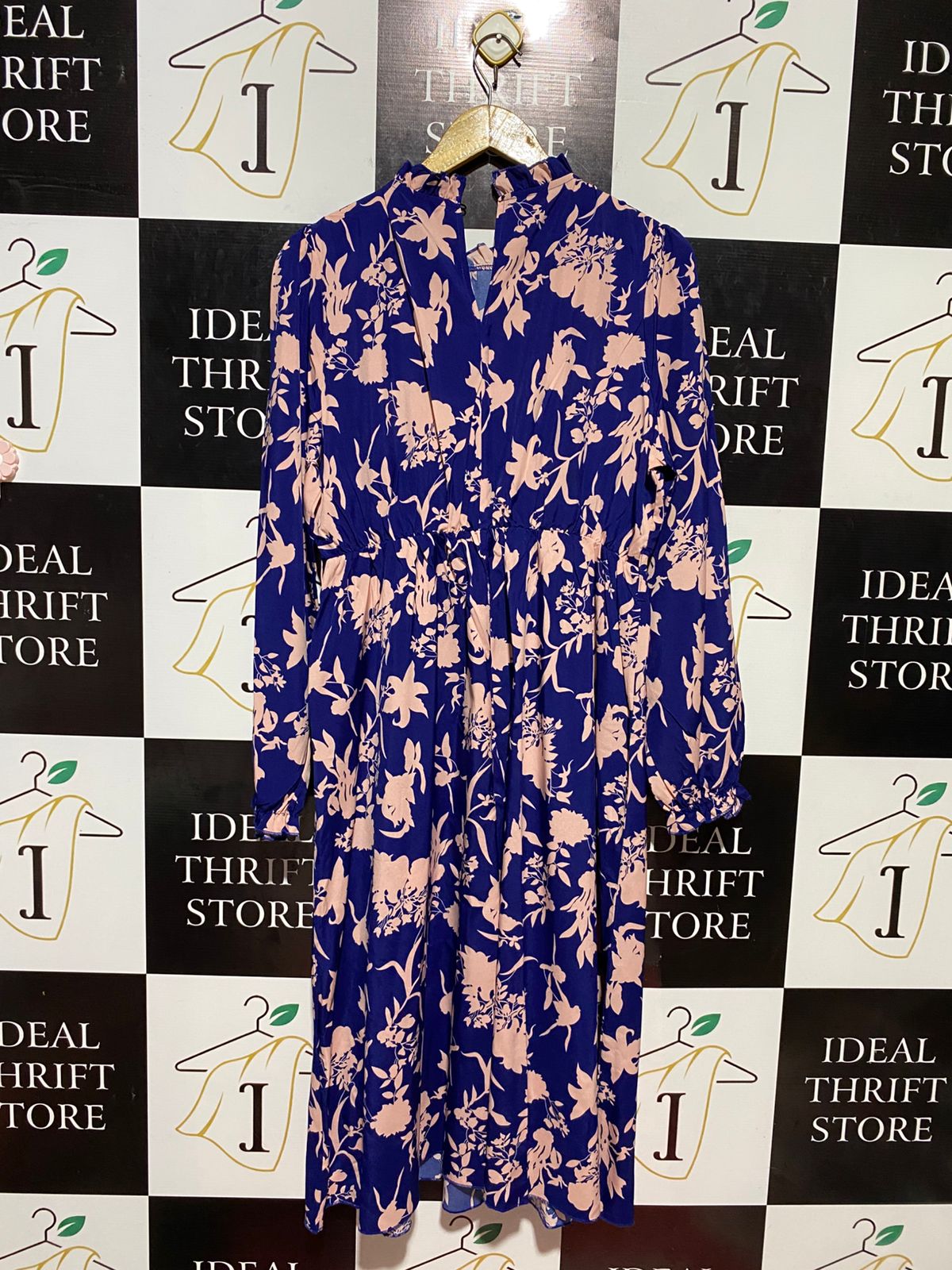 SHEIN |XL| BUST 20| B22| ELEGANT ROYAL BLUE AND PEACH FLORAL MAXI DRESS WITH RUFFLED HIGH NECK