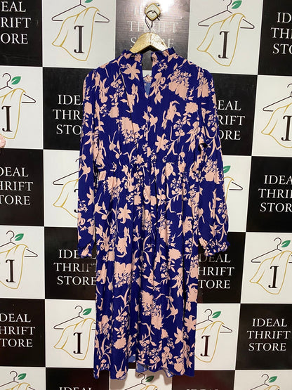 SHEIN |XL| BUST 20| B22| ELEGANT ROYAL BLUE AND PEACH FLORAL MAXI DRESS WITH RUFFLED HIGH NECK
