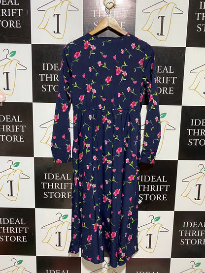 BOOHOO |M| BUST 17| B22| NAVY BLUE FLORAL WRAP MIDI DRESS WITH RUFFLE TRIM