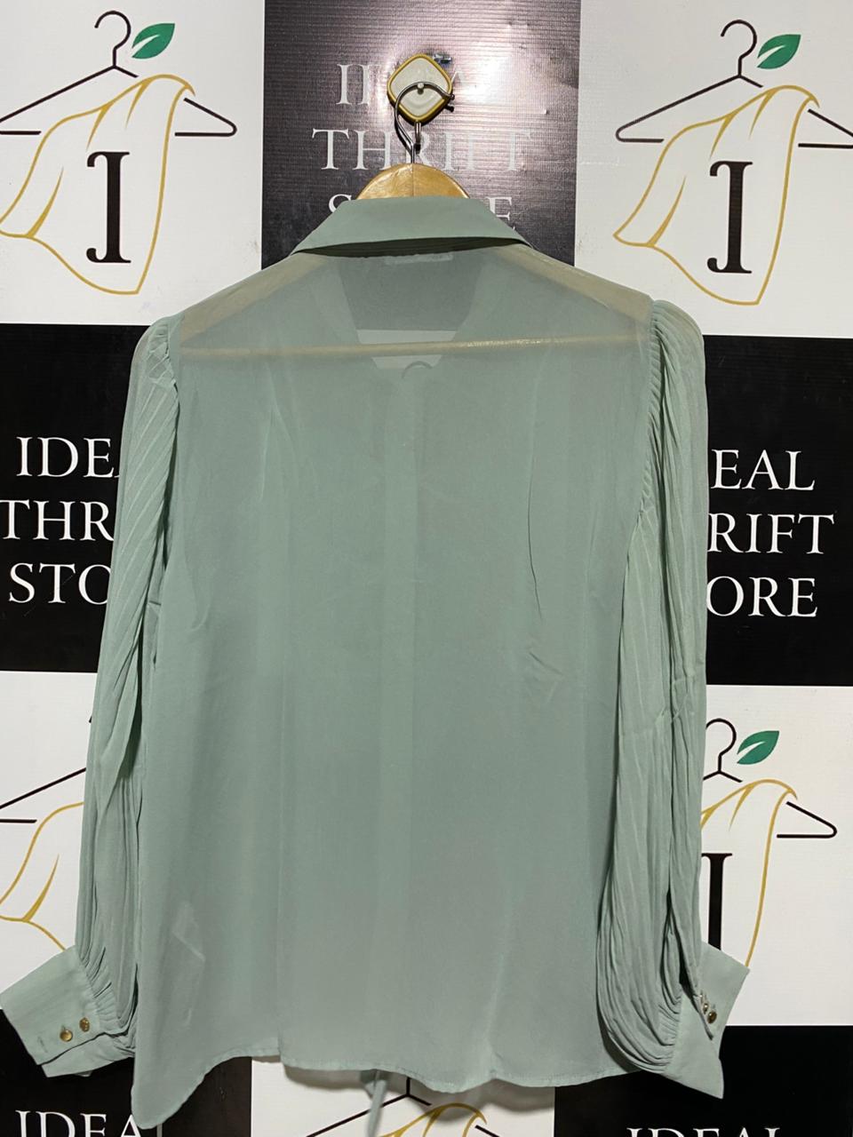 ZARA |L| BUST 20| B22| PALE MINT GREEN PLEATED RUFFLE BLOUSE WITH TIE DETAIL