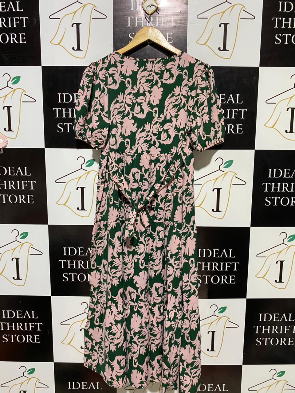 BLUE VANILLA |M| BUST 18| B22| ELEGANT GREEN AND PINK FLORAL PUFF SLEEVE MAXI DRESS