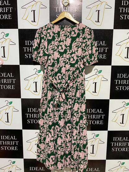 BLUE VANILLA |M| BUST 18| B22| ELEGANT GREEN AND PINK FLORAL PUFF SLEEVE MAXI DRESS