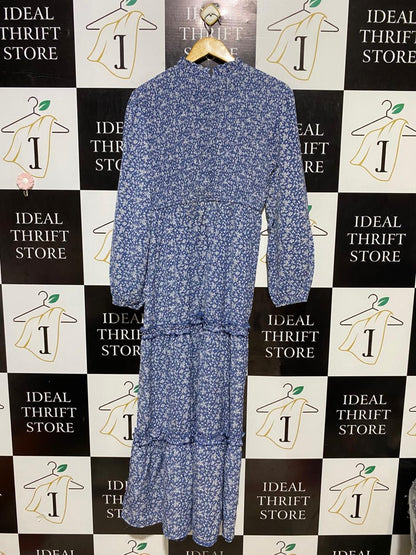 DREAM HOUSE |M| BUST 17| B21| ELEGANT BLUE FLORAL SMOCKED LONG MAXI DRESS