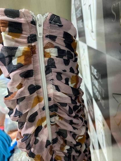 RACED IN ROVE |XS| BUST 12| B21 | LEOPARD PRINT MESH RUCHED TUBE MINI DRESS