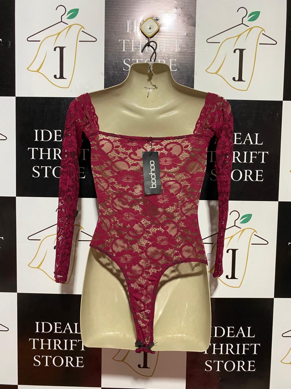 BOOHOO |XS| BUST 12| B22| ELEGANT MAGENTA FLORAL LACE OFF-THE-SHOULDER LONG SLEEVE BODYSUIT