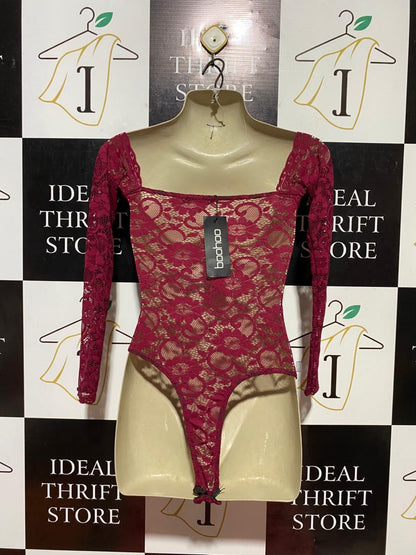 BOOHOO |XS| BUST 12| B22| ELEGANT MAGENTA FLORAL LACE OFF-THE-SHOULDER LONG SLEEVE BODYSUIT