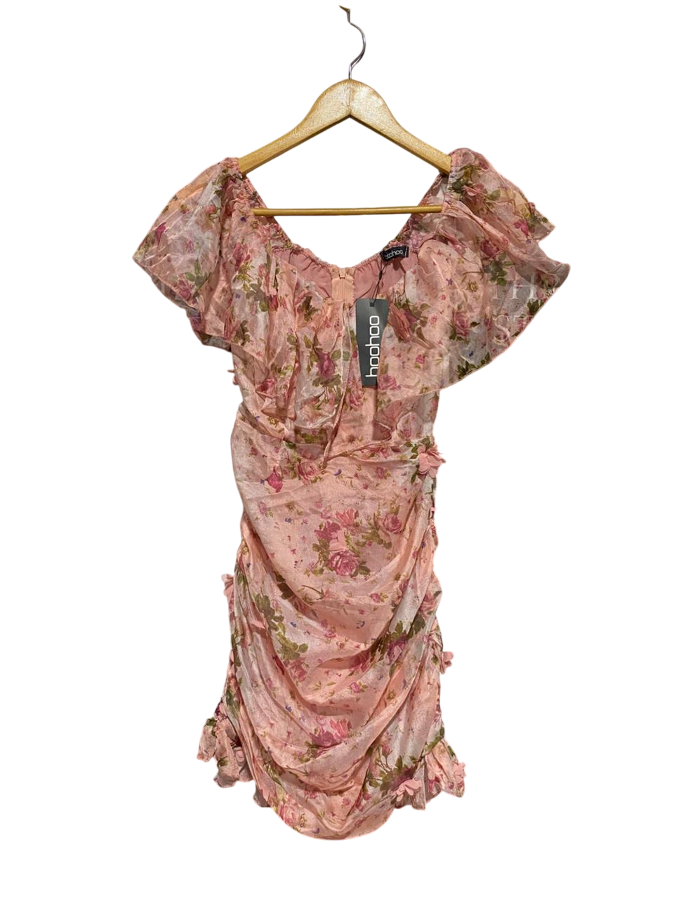 BOOHOO |XS| BUST 11| B22| WOMEN'S PINK FLORAL RUFFLE MINI DRESS