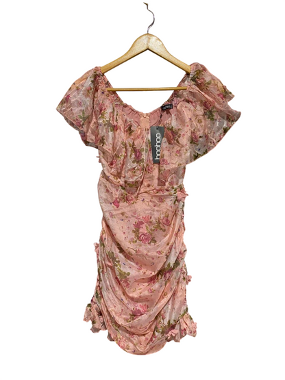 BOOHOO |XS| BUST 11| B22| WOMEN'S PINK FLORAL RUFFLE MINI DRESS