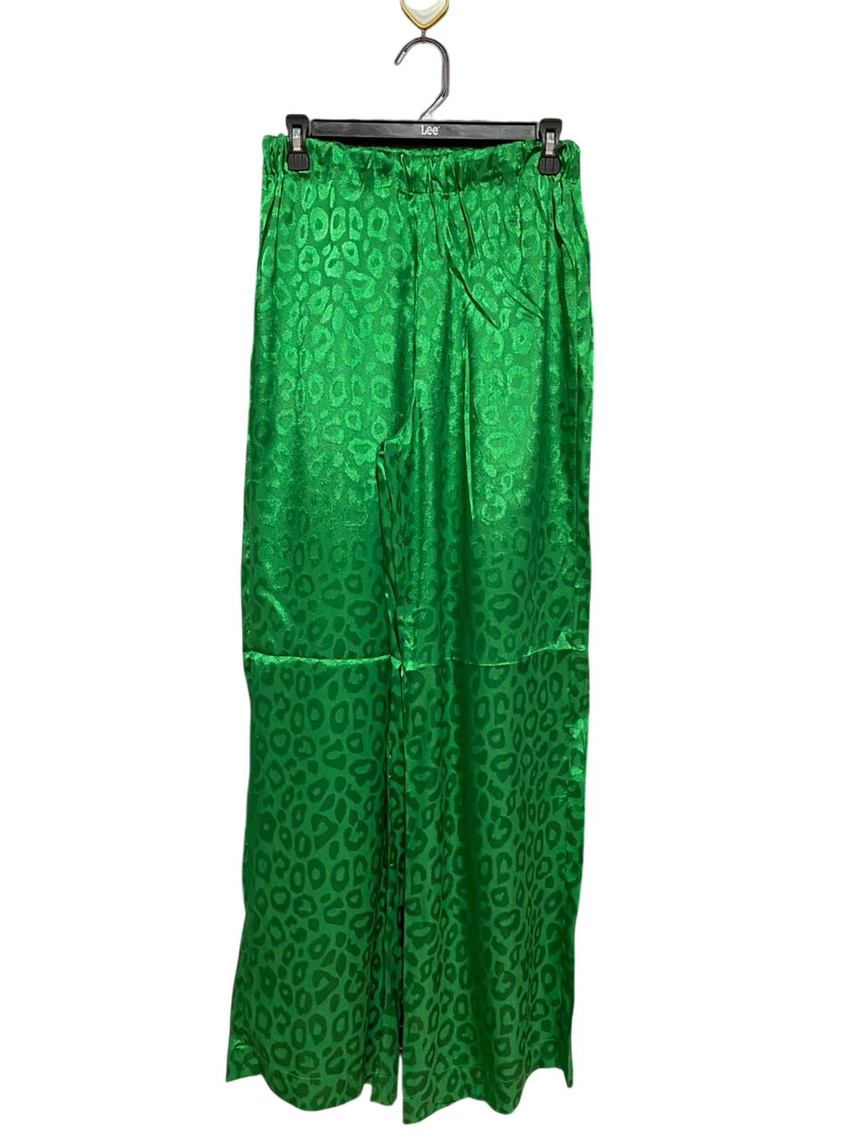 BOOHOO |S| WAIST 26| B22| VIBRANT GREEN SATIN LEOPARD PRINT WIDE-LEG TROUSERS
