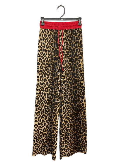 GIORGIA |XS| WAIST 24| B22| CHIC LEOPARD PRINT WIDE-LEG TROUSERS WITH RED WAISTBAND