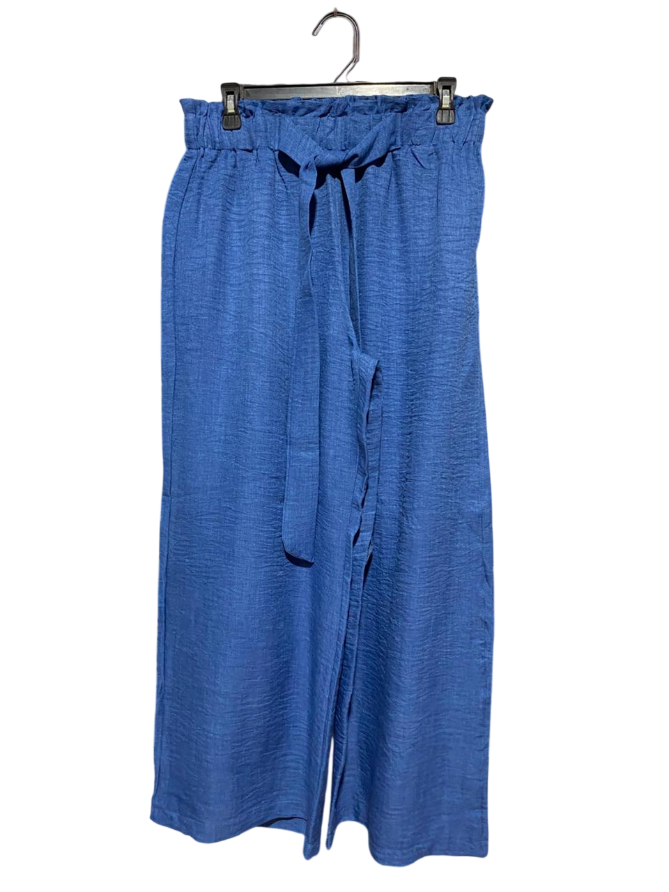 SHEIN |XL| WAIST 30| B22| WOMEN'S WIDE LEG HIGH WAISTED TEXTURED BLUE TROUSERS WITH TIE BELT