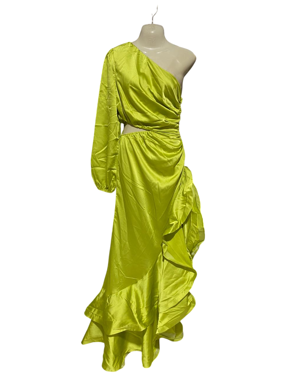 BELA BARNETT |M| BUST 17| B22| NEON LIME SATIN ONE-SHOULDER MAXI DRESS