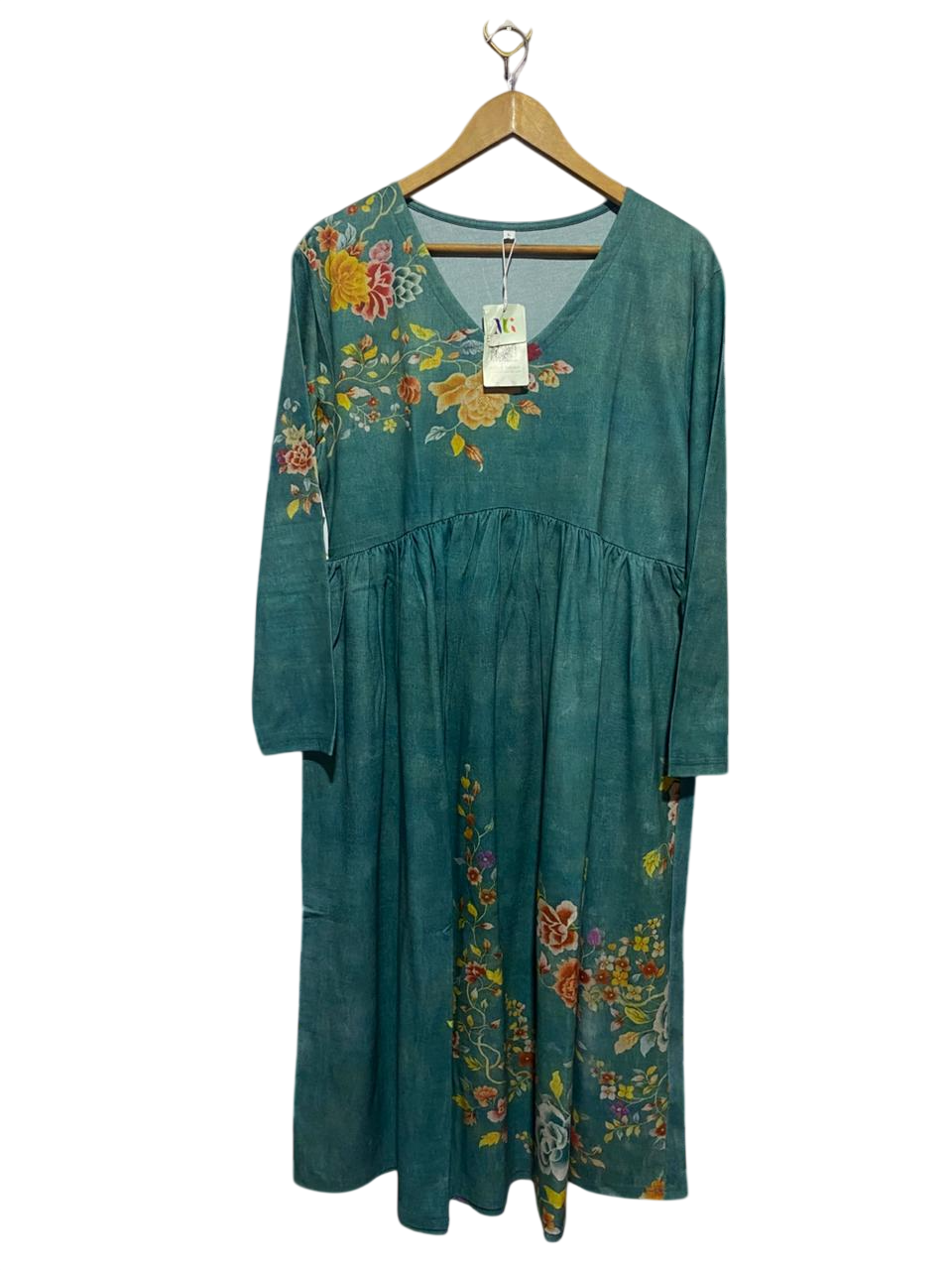 |L| BUST 20| B22| TEAL FLORAL V-NECK EMPIRE WAIST MIDI DRESS