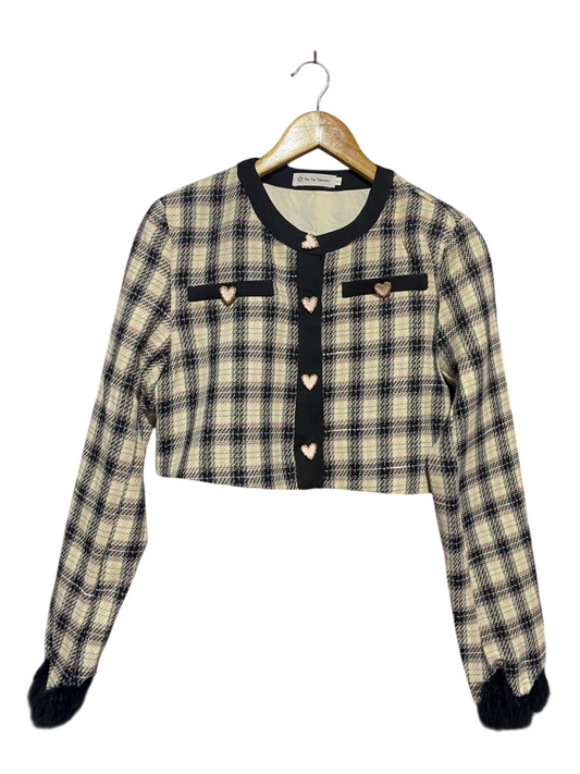 SEE YOU TOMORROW |S| BUST 18| B22| CHIC TWEED CHECKERED CROPPED JACKET WITH HEART BUTTONS