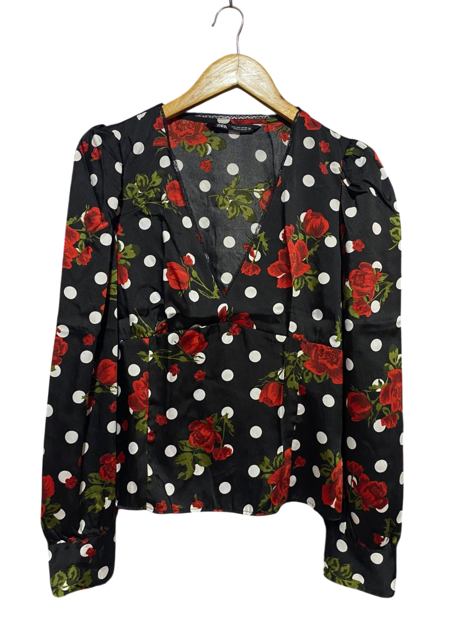ZARA |L| BUST 19| B22| BLACK FLORAL & POLKA DOT V-NECK BLOUSE
