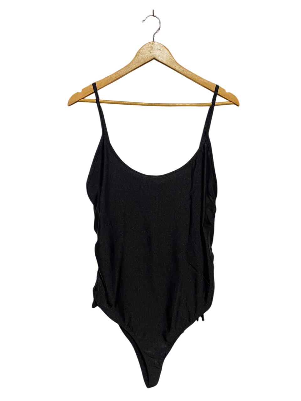 PRETTYLITTLE THING |M| BUST 16| B22| SLEEK BLACK SHIMMER BODYSUIT WITH RUFFLE SIDE