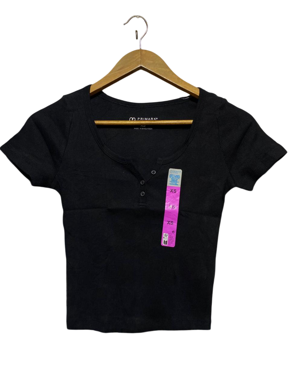 PRIMARK CARES |XS| BUST 14| B23| BLACK RIBBED HENLEY CROP TOP