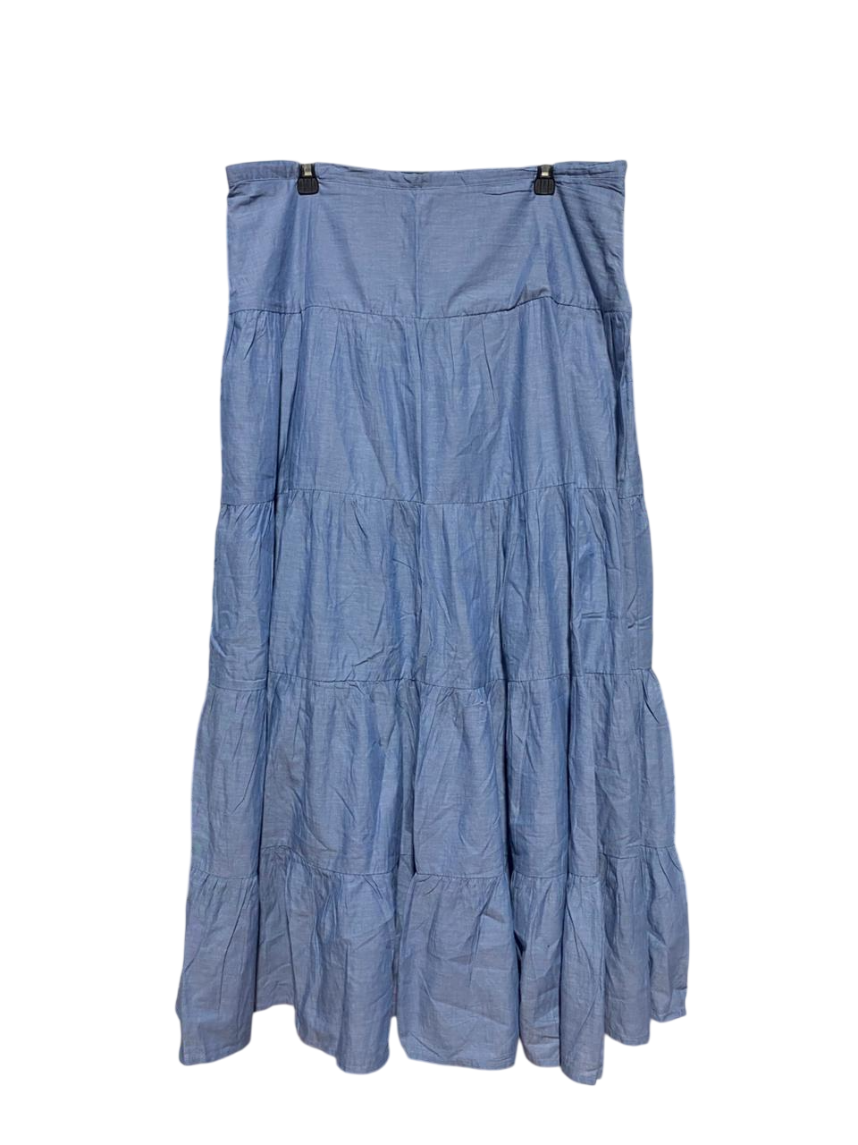 RITA ORA |XXL| WAIST 37| B23| BOHO CHIC TIRED CHAMBRAY MAXI SKIRT IN DENIM BLUE