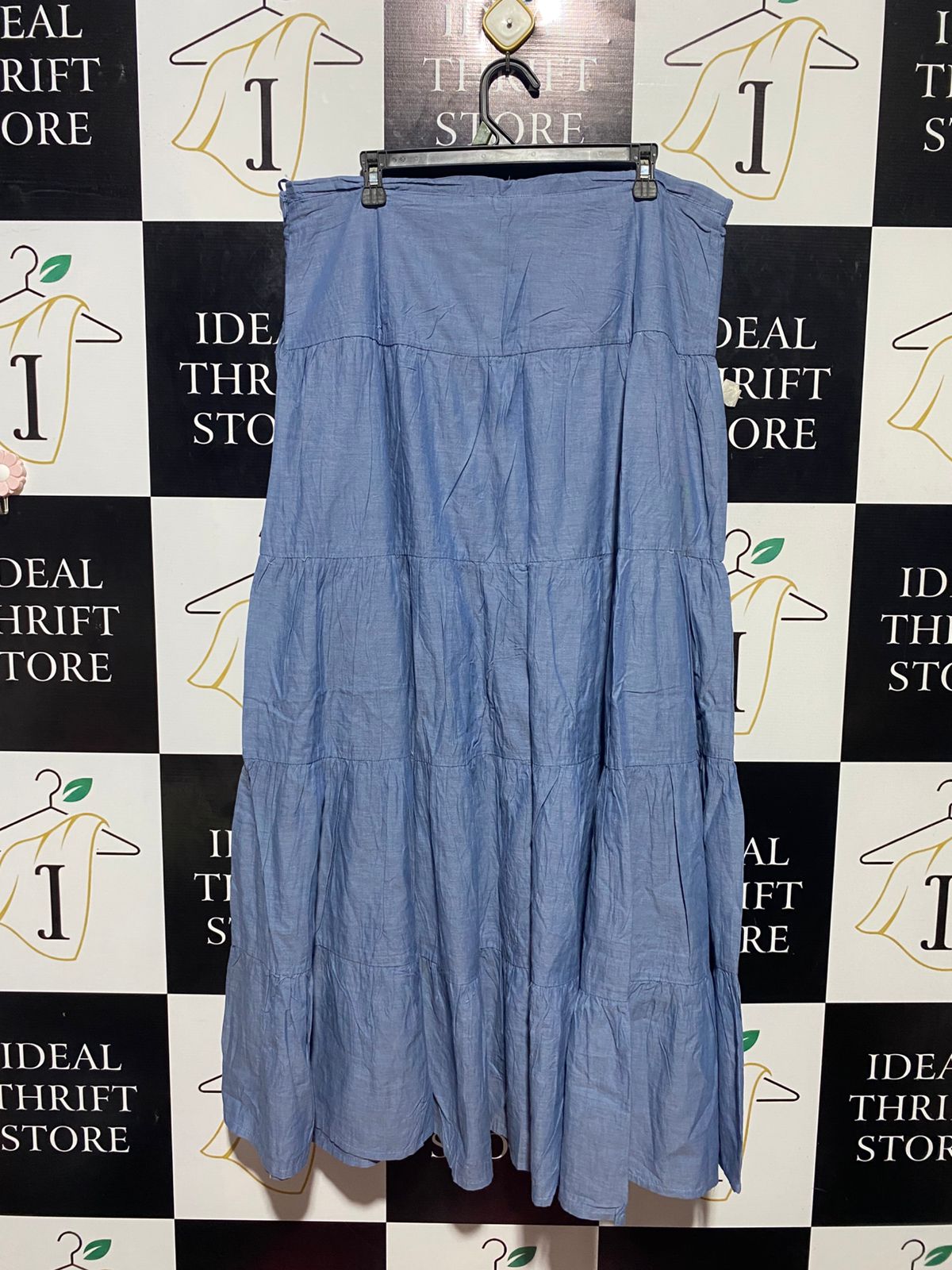 RITA ORA |XXL| WAIST 37| B23| BOHO CHIC TIRED CHAMBRAY MAXI SKIRT IN DENIM BLUE