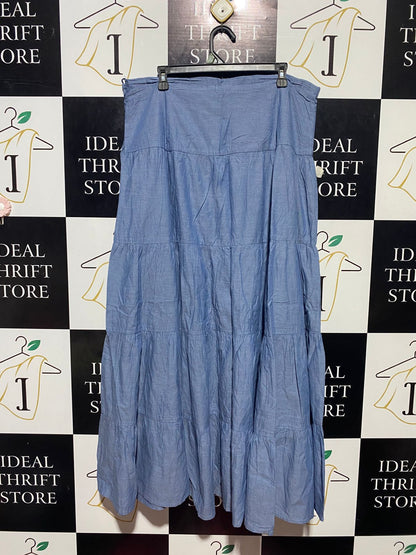 RITA ORA |XXL| WAIST 37| B23| BOHO CHIC TIRED CHAMBRAY MAXI SKIRT IN DENIM BLUE