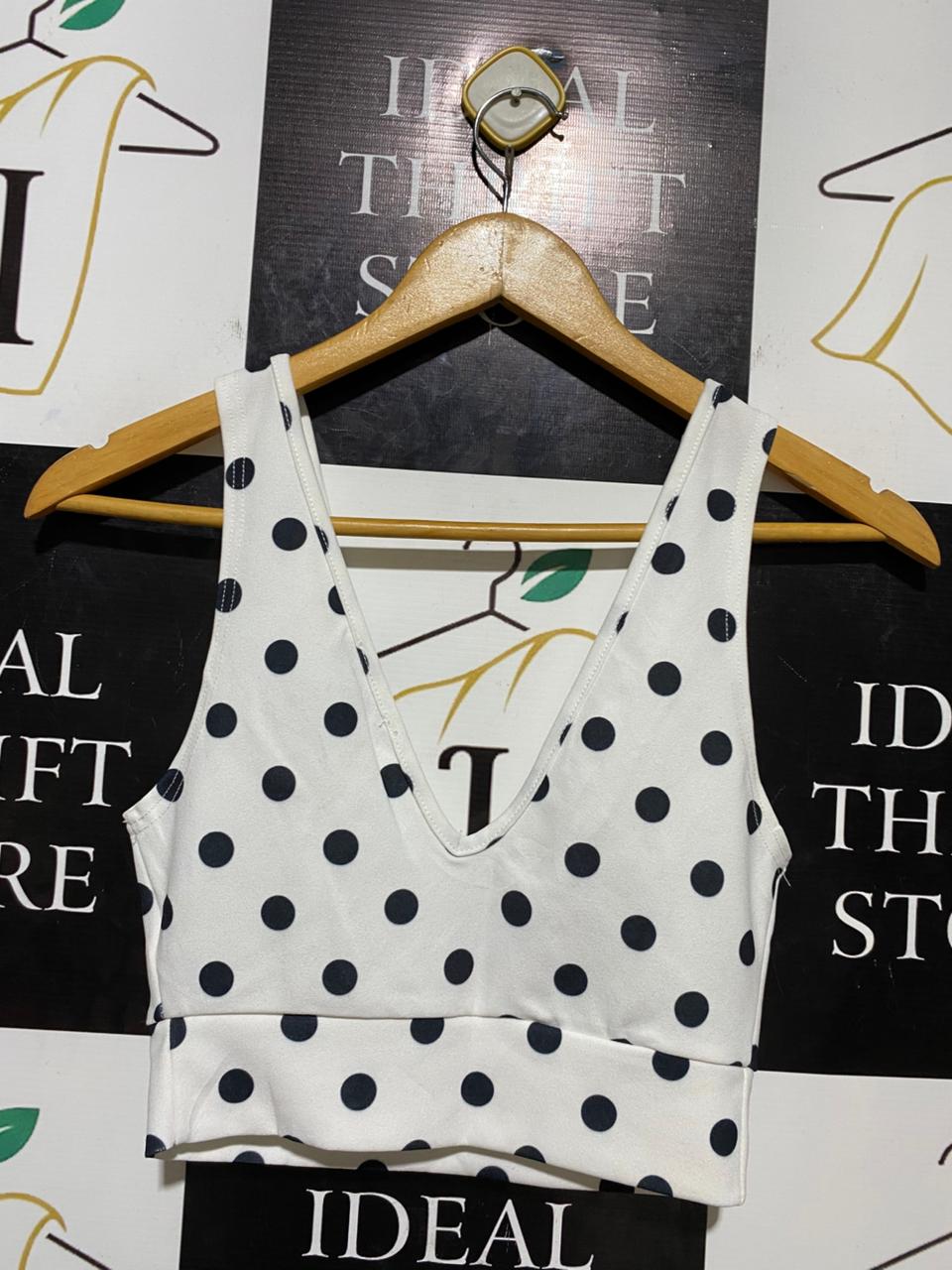 NEW LOOK |XS| BUST 13| B23| CHIC WHITE AND BLACK POLKA DOT V-NECK CROP TOP
