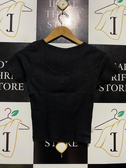 PRIMARK CARES |XS| BUST 14| B23| BLACK RIBBED HENLEY CROP TOP