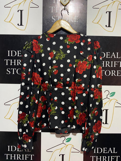 ZARA |L| BUST 19| B22| BLACK FLORAL & POLKA DOT V-NECK BLOUSE