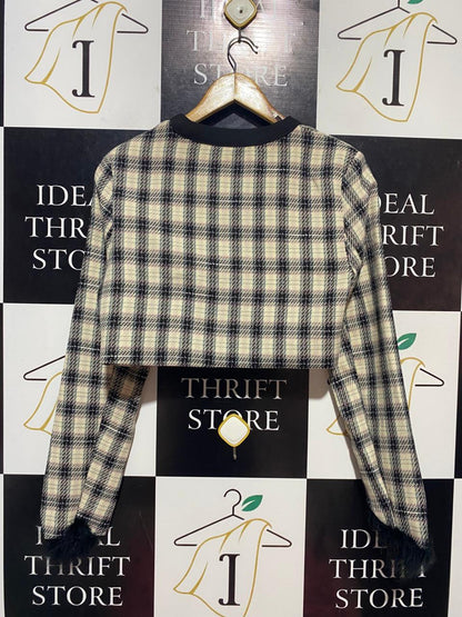 SEE YOU TOMORROW |S| BUST 18| B22| CHIC TWEED CHECKERED CROPPED JACKET WITH HEART BUTTONS