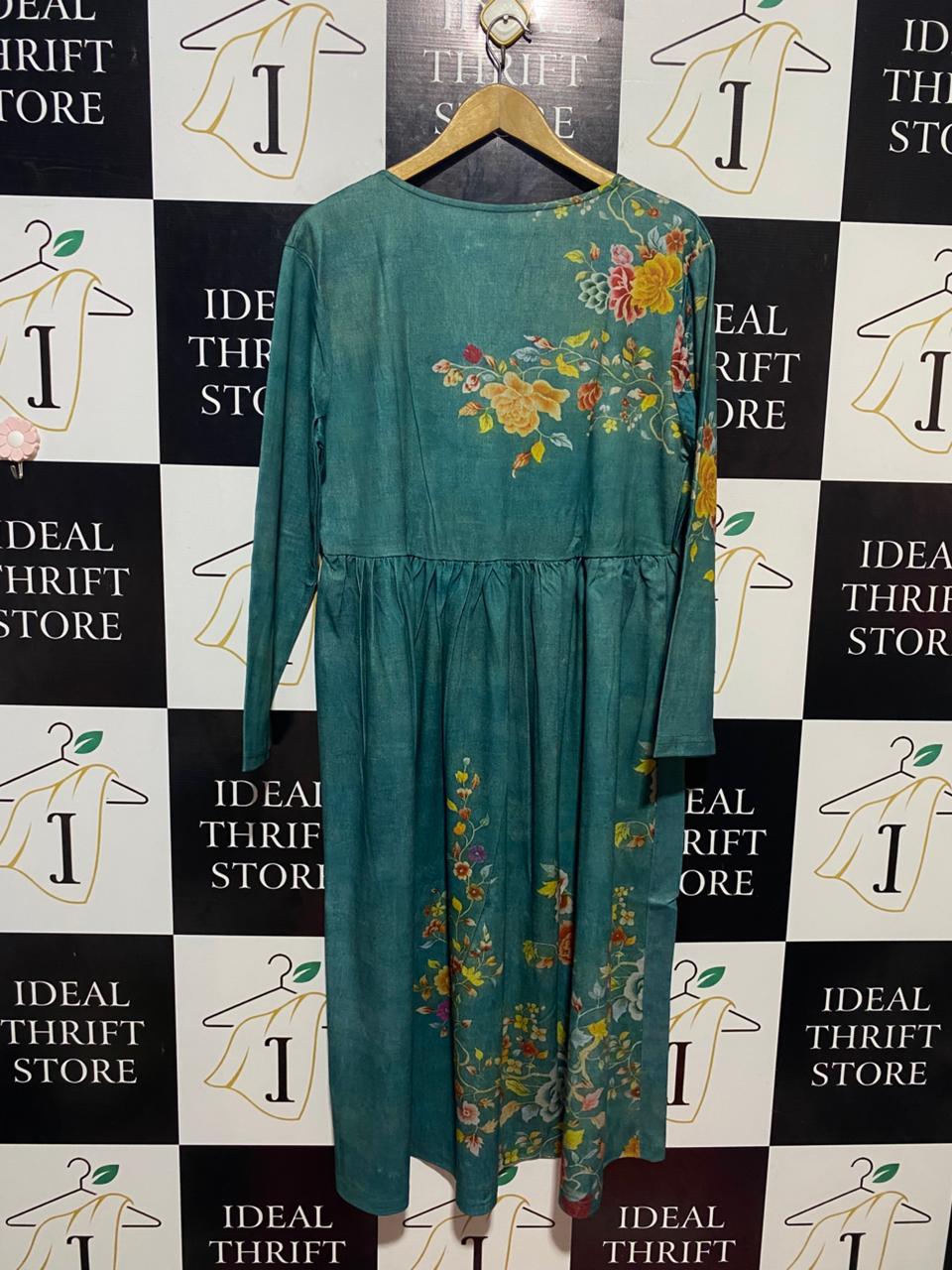 |L| BUST 20| B22| TEAL FLORAL V-NECK EMPIRE WAIST MIDI DRESS