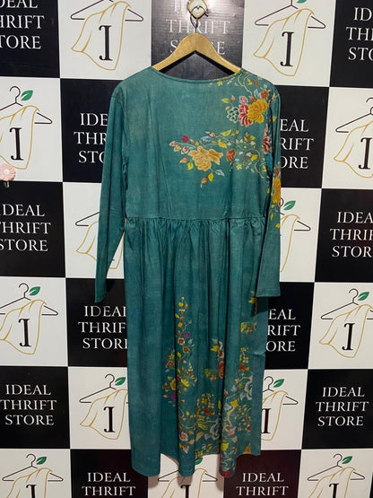 |L| BUST 20| B22| TEAL FLORAL V-NECK EMPIRE WAIST MIDI DRESS