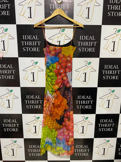 ZARA |XS| BUST 13| B22| VIBRANT FRUIT MARKET PRINT BODYCON MAXI DRESS