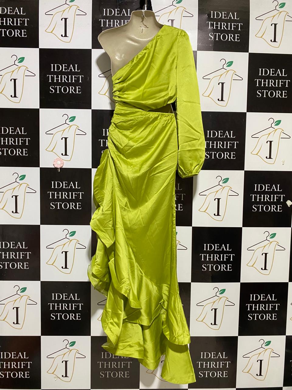 BELA BARNETT |M| BUST 17| B22| NEON LIME SATIN ONE-SHOULDER MAXI DRESS