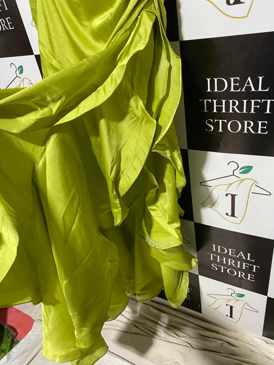 BELA BARNETT |M| BUST 17| B22| NEON LIME SATIN ONE-SHOULDER MAXI DRESS