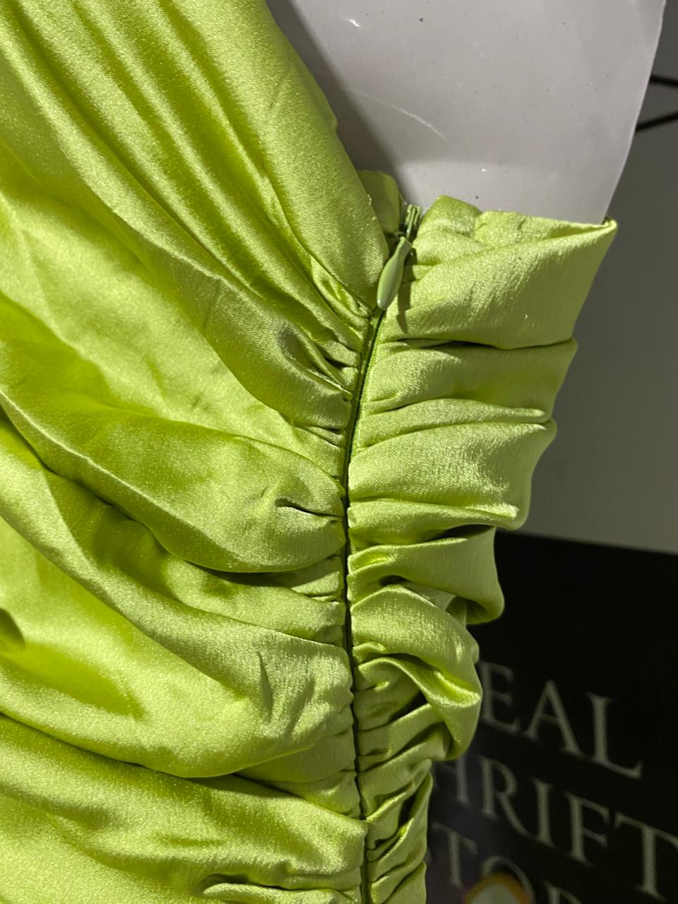 BELA BARNETT |M| BUST 17| B22| NEON LIME SATIN ONE-SHOULDER MAXI DRESS