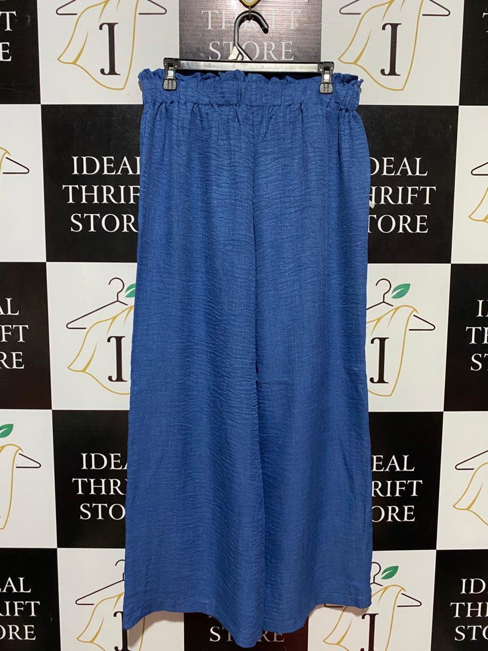 SHEIN |XL| WAIST 30| B22| WOMEN'S WIDE LEG HIGH WAISTED TEXTURED BLUE TROUSERS WITH TIE BELT