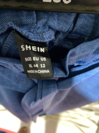 SHEIN |XL| WAIST 30| B22| WOMEN'S WIDE LEG HIGH WAISTED TEXTURED BLUE TROUSERS WITH TIE BELT