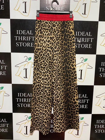 GIORGIA |XS| WAIST 24| B22| CHIC LEOPARD PRINT WIDE-LEG TROUSERS WITH RED WAISTBAND