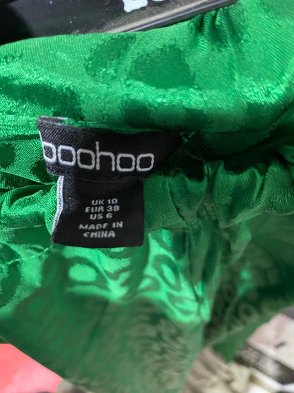 BOOHOO |S| WAIST 26| B22| VIBRANT GREEN SATIN LEOPARD PRINT WIDE-LEG TROUSERS