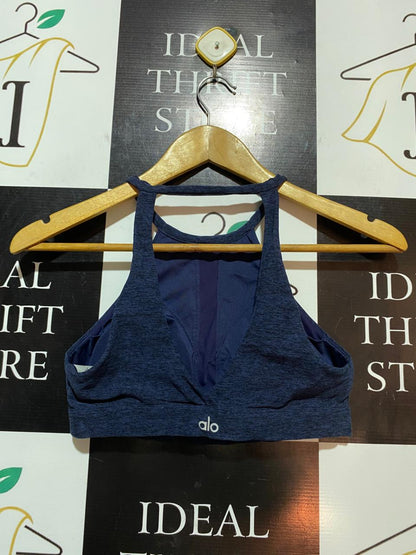 ALO | S| NAVY BLUE MARL HIGH NECK SPORTS BRA TOP