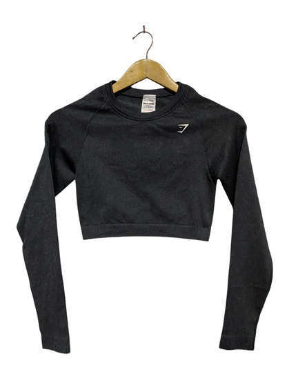 GYMSHARK | XS| BUST 13| ADAPT FLECK SEAMLESS LONG SLEEVE CROP TOP – BLACK ACTIVEWEAR