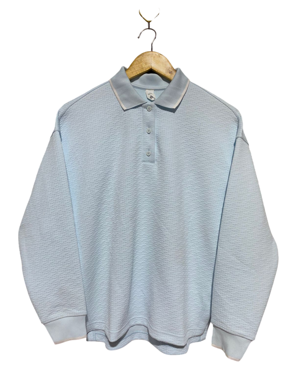 LULULEMON |XL| BUST 23| TEXTURED KNIT OVERSIZED POLO SHIRT IN BABY BLUE