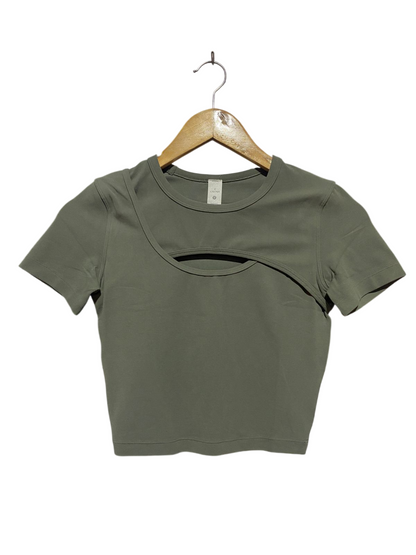 LULULEMON |S| BUST 14| ASYMMETRICAL CUT-OUT CROPPED T-SHIRT IN SAGE GREEN