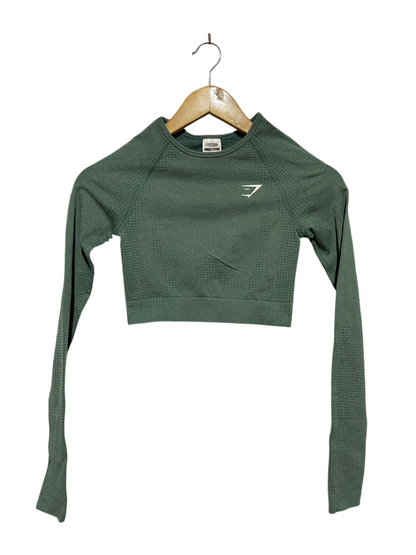 GYMSHARK | XS| BUST 12| VITAL SEAMLESS 2.0 LONG SLEEVE CROP TOP IN SAGE GREEN