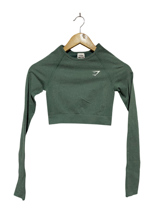 GYMSHARK | XS| BUST 12| VITAL SEAMLESS 2.0 LONG SLEEVE CROP TOP IN SAGE GREEN