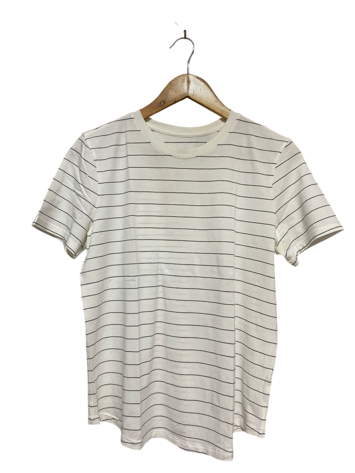 LULULEMON |L| BUST 19| THE FUNDAMENTAL T-SHIRT IN STRIPED WHITE & NAVY