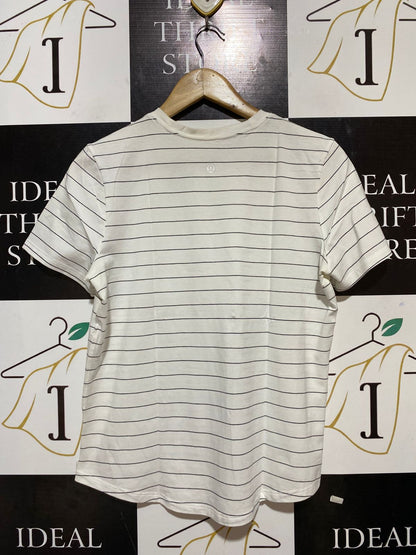LULULEMON |L| BUST 19| THE FUNDAMENTAL T-SHIRT IN STRIPED WHITE & NAVY