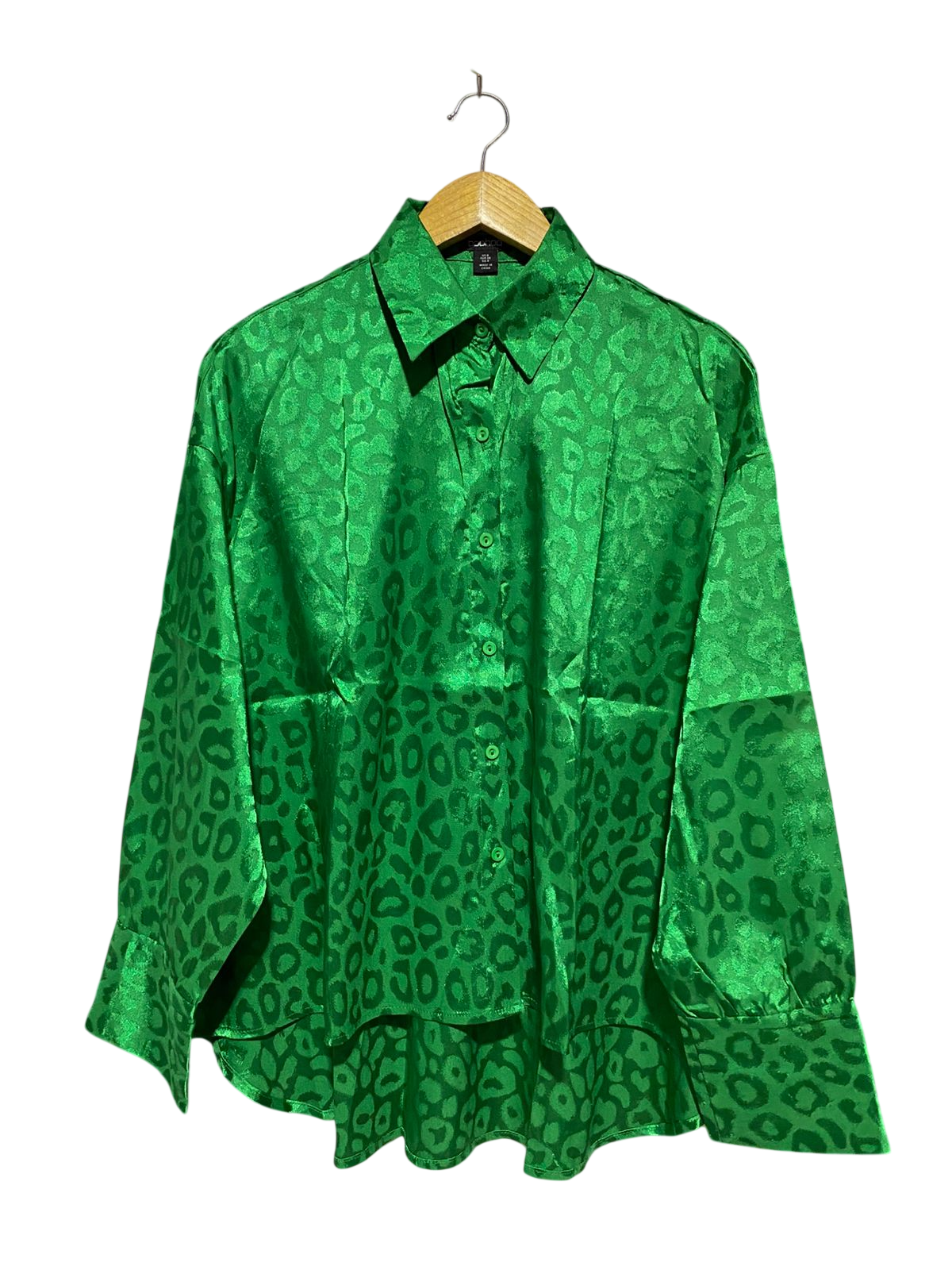 BOOHOO |XL| BUST 27| B23| VIBRANT EMERALD GREEN SATIN JACQUARD LEOPARD PRINT BLOUSE